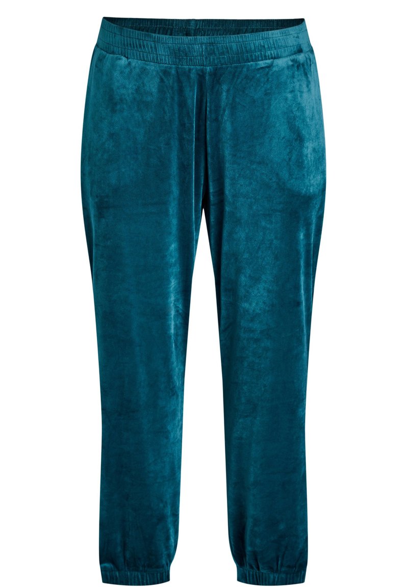 Teal velours joggers met een elastische tailleband, slanke boorden en een zachte, gestructureerde afwerking, ontworpen voor comfort en casual gebruik.