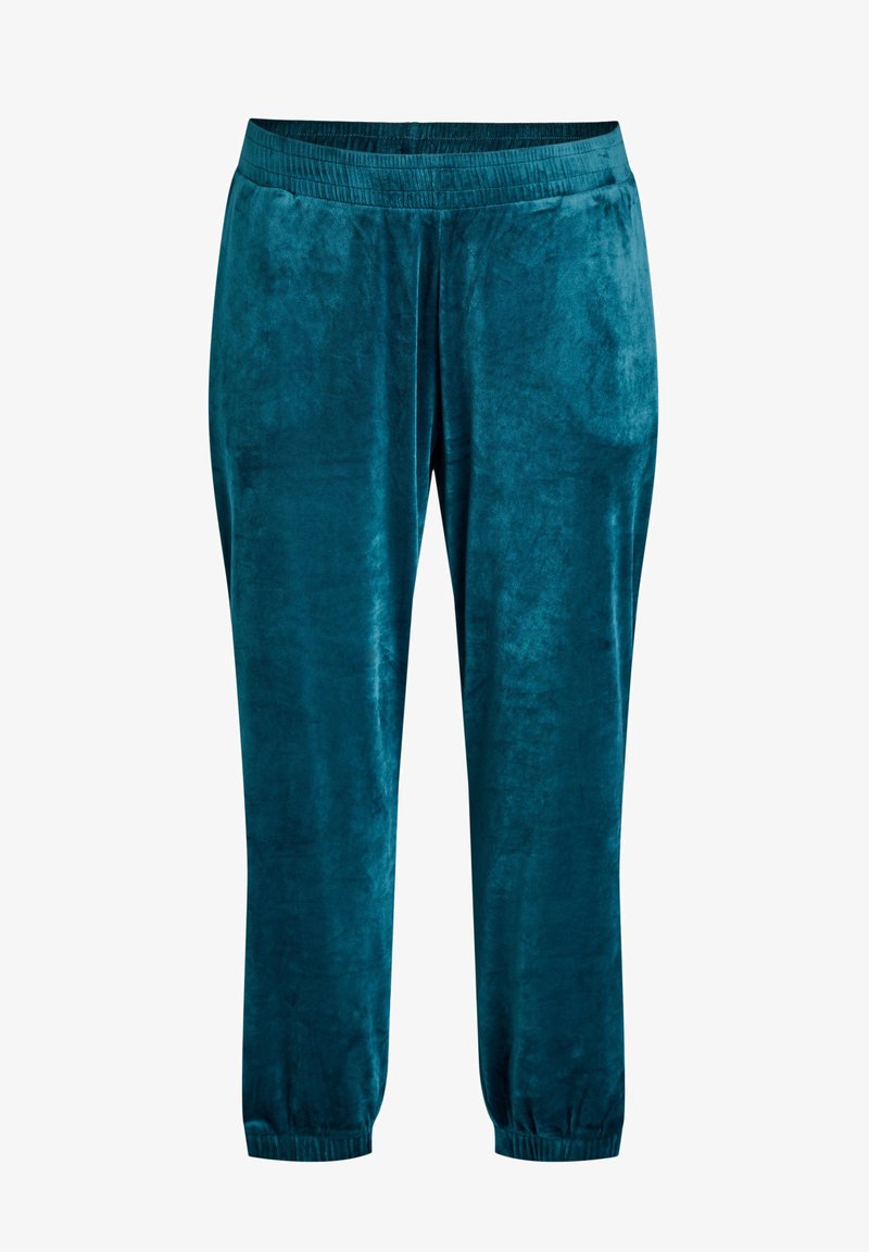 Zaļgāzēni velūra sporta bikses ar elastīgu jostu, šauriem piedurknēm un mīkstu, teksturētu apdari, kas paredzētas ērtībām un ikdienas valkāšanai.