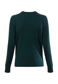 Dunkelgrüner Pullover, weiche Textur, lange Ärmel, runder Ausschnitt und gerippte Bündchen. Minimales Design, keine sichtbaren Logos oder Muster.