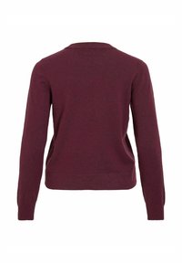 Burgundowa sweter, z długim rękawem, wykonany z lekkiego dzianinowego materiału, z okrągłym dekoltem, gładka struktura, dopasowany fason z prostym wykończeniem na wysokości talii.
