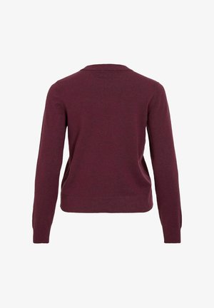 Burgundijas krāsas džemperis, ar garām piedurknēm, viegla adījuma materiāls, apaļa kakla izgriezuma forma, viendabīga tekstūra, pieguļošs stils ar taisnu apakšmalu jostas vietā.
