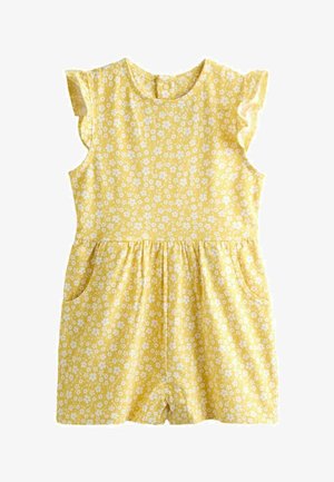 Sárga gyermek rugdalózó fehér virágmintával, rövid fodros ujjakkal, kerek nyakkivágással és két oldalzsebbel.