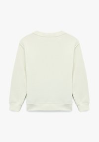 Kremowy sweatshirt z okrągłym dekoltem, ribbowanymi mankietami i dołem. Gładka faktura, lekka tkanina i brak widocznych logo czy wzorów.