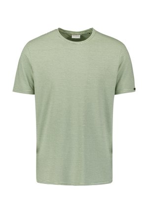 Groene gestreepte t-shirt van zacht materiaal. Heeft korte mouwen, een ronde hals en horizontale strepen in verschillende groene tinten.