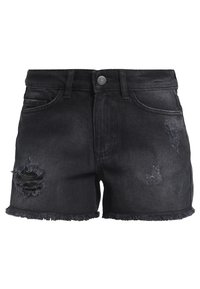 Mustat denimi-shortsit korkealla vyötäröllä, soikeat helmat ja kulutustekstuurit edessä, joissa on klassinen viiden taskun muotoilu ja metallinappi.