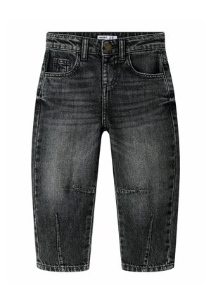 Pantalon en denim noir délavé pour tout-petit avec bouton à l'avant, passants de ceinture et poches, avec détails cousus aux genoux.