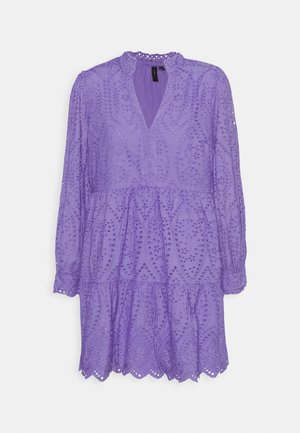Purple long-sleeve dress with V-neck, intricate eyelet embroidery, scalloped hem, and gathered tiers.
