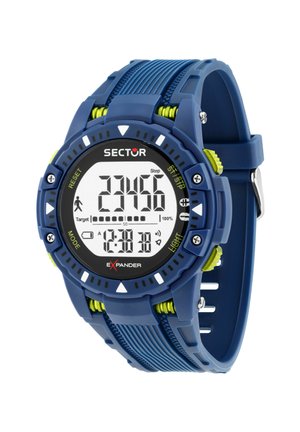 Orologio sportivo digitale blu che mostra 23.456 passi, ora 12:38:38, con pulsanti per modalità, reset, avvio/arresto e luce.