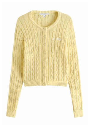 Soft yellow cable-knit cardigan with long sleeves, round neckline, button-down front, and subtle embroidered text on the chest.