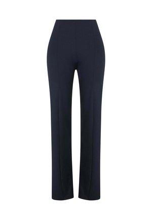 Tummansininen suora lahjehousut korkealla vyötäröllä, valmistettu sileästä kankaasta, jossa on puhtaat linjat ilman näkyviä kuvioita tai koristeluita.