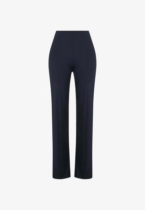 Tummansininen suora lahjehousut korkealla vyötäröllä, valmistettu sileästä kankaasta, jossa on puhtaat linjat ilman näkyviä kuvioita tai koristeluita.