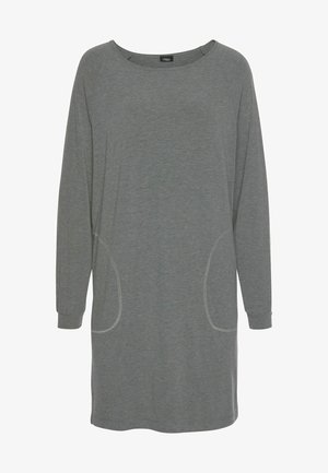 Graues Langarm-Tunikakleid mit rundem Halsausschnitt, ausgestattet mit zwei seitlichen Taschen und kontrastierenden Nähten entlang der Kanten.