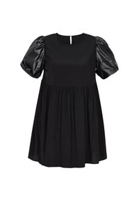 Rochie neagră cu mâneci scurte puffate, realizată dintr-un material lucios. Design evazat cu talie crestată și deschidere în formă de cheie la spate. Textură moale.