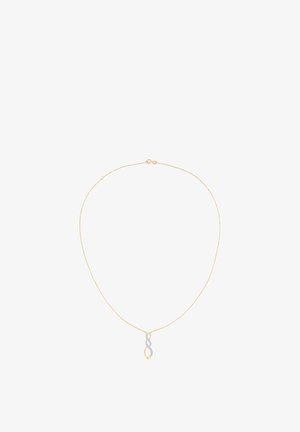 Kullanımla minimal tasarım, ince bir zincirden asılı, dokulu yüzeye sahip gümüş çift halka kolye ucu ile altın zincir kolye.