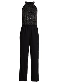 Une combinaison sans manches noire avec un col haut, un corsage pailleté, une taille élastique et un pantalon droit à jambes larges.