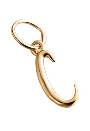 Encanto en forma de gancho dorado con una superficie lisa y brillante. Presenta una abertura redondeada en la parte superior para sujeción y un diseño elegante y curvado.