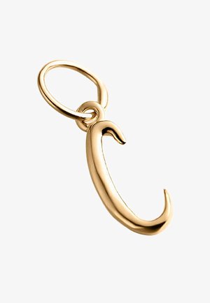 Encanto en forma de gancho dorado con una superficie lisa y brillante. Presenta una abertura redondeada en la parte superior para sujeción y un diseño elegante y curvado.