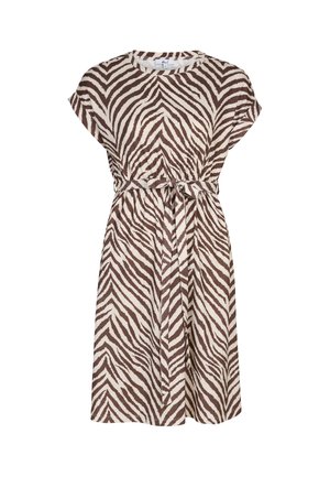Kortemouwige knielange jurk met bruine en witte zebraprint en een strikceintuur in de taille.