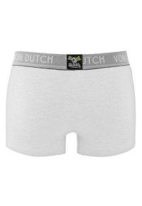 Boxer shorts blancs en coton doux, avec une ceinture élastique grise portant l'inscription "VON DUTCH" en gris clair. Étiquette de logo noire à l'avant.