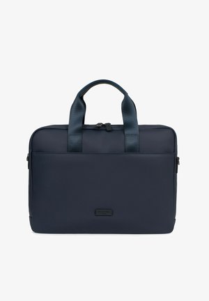 Marine laptoptas gemaakt van textuurstof, met dubbele handvatten aan de bovenkant, ritssluiting en een subtiele logo patch aan de voorkant.