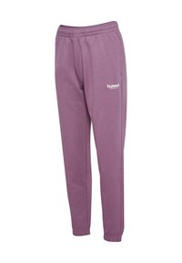 Lilla joggingbukser lavet af blødt stof med elastik i taljen, med en hvid logo på venstre lår og tilspidsede ben.