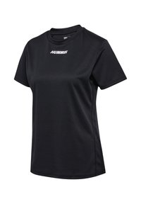 T-shirt de sport noir à manches courtes avec col rond et logo blanc "HUMMEL" sur la partie supérieure de la poitrine.