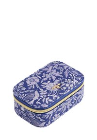 Zippered rectangular case in navy with floral and bird patterns in light beige; gold hardware accents; soft texture. Ideal for organizing items.