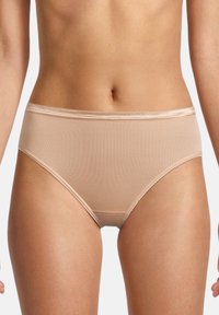Beige Hohe Taille Slips aus glattem, dehnbarem Stoff. Verfügt über einen weichen elastischen Bund und nahtlose Seiten für eine bequeme Passform.