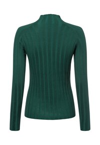 Grüner, gerippter Langarmpullover mit hohem Ausschnitt und figurbetontem Design, der über strukturierte vertikale Streifen verfügt.