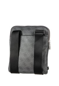 Grau strukturierte Tasche mit einem gewebten Muster, ausgestattet mit schwarzen Trägern und einem Reißverschluss. Kompakte rechteckige Form mit schlankem Design.