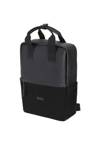 Black backpack featuring a smooth leather upper and textured bottom panel. Includes dual top handles and a zippered front pocket for storage.