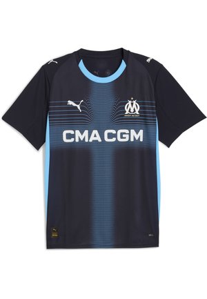 Mørkeblå og lyseblå sportsjersey med korte ærmer, der har et grafisk mønster, rund halsudskæring og logoer på brystet og ærmerne.