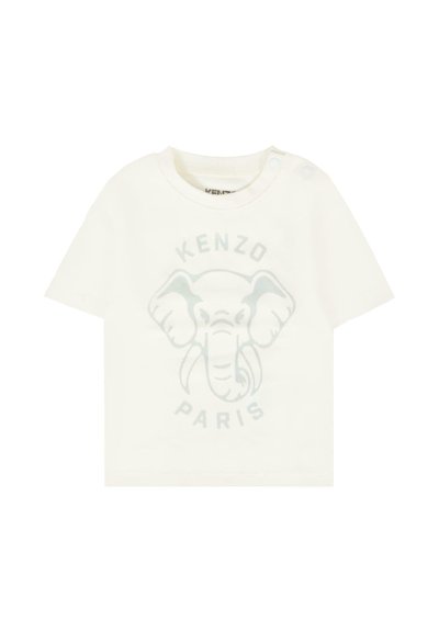 Maglietta in cotone bianco con grafica di un elefante grigio chiaro e testo "KENZO PARIS". Maniche corte e dettaglio con bottoni a pressione sulla spalla per facilitare l'indossamento.