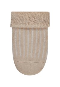 Beige ankle sock with a ribbed design and a folded, textured cuff. Features contrasting white stripes and a smooth finish throughout.