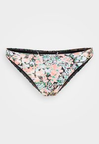 Blommiga bikiniunderdelar med svart bakgrund och rosa samt blå blommönster, elastisk midjeband och slät textur.