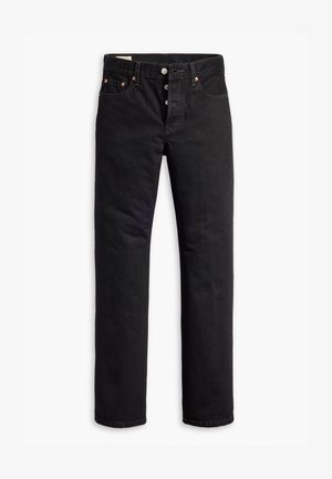 Schwarze Denim-Jeans mit geradem Schnitt, Fünf-Taschen-Design und Knopfverschluss. Mit Kupfennieten und Nähtelementen.