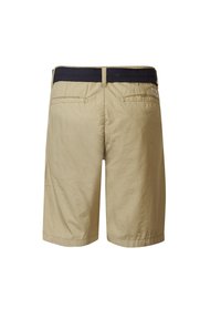 Beige katoenen shorts met een marineblauwe elastische tailleband, voorzien van twee achterzakken en een rechte snit. Gepolijste textuur, casual ontwerp.