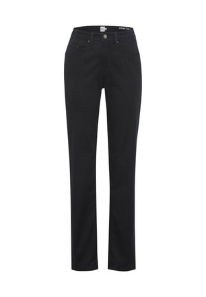 Black denim jeans with a straight leg design, five-pocket style, and metal button closure. Soft texture and sturdy material.