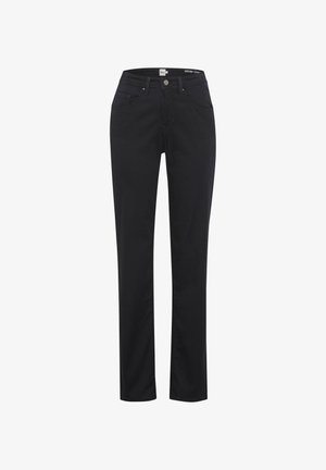 Schwarze Denim-Jeans mit einem geraden Bein-Design, Fünf-Taschen-Stil und metallischem Knopfverschluss. Weiche Textur und robustes Material.