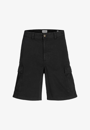 Shorts cargo noirs en tissu durable, avec deux poches latérales, une fermeture à bouton et un design à jambe droite.
