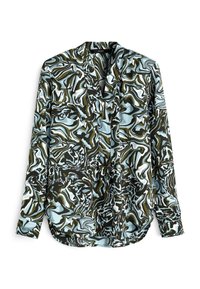 Camicia a maniche lunghe con bottone, caratterizzata da un motivo astratto ondulato nei colori blu, nero, verde e bianco, colletto a punte e maniche con polsini.