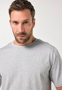 Grå bomulds T-shirt med rund halsudskæring, korte ærmer og et prægede design foran, der står "GREAT LAKE ONTARIO."