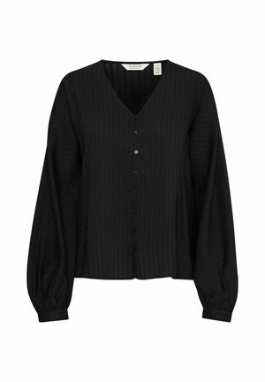 Blusa nera con bottoni realizzata in tessuto strutturato. Caratterizzata da un collo a V, maniche lunghe a palloncino e orlo dritto con bottoni sul davanti.