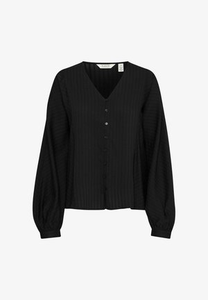 Fekete gombos blúz texturált anyagból. V-nyakú, hosszú puff ujjú, egyenes szegéllyel és a frontján gombokkal rendelkezik.