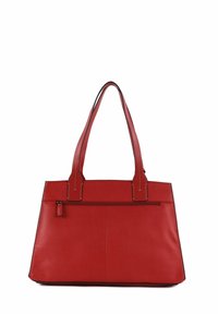 Borsa a tracolla rossa con una texture, due manici, una tasca con zip sul davanti e cuciture a contrasto lungo le cuciture.