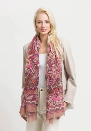 Sciarpa con motivo paisley in tonalità di rosa, marrone e bianco. Realizzata in tessuto leggero con bordi frangiati morbidi.