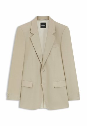 Beige single-breasted blazer met twee klepzakken aan de voorkant, revers met inkeping, lange mouwen met knoopmanchetten en een zwart BOSS-label aan de binnenkant van de kraag.