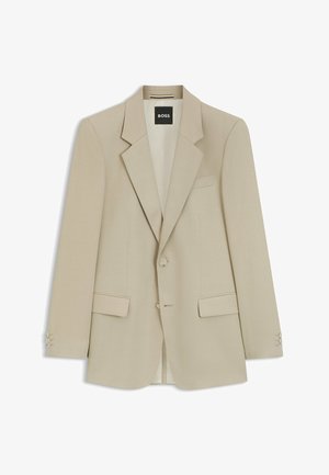 Beige yksirivinen bleiseri, jossa on kaksi etutaskua läpällä, notkolliset kaulukset, pitkät hihat nappihihansujilla sekä musta BOSS-merkkilappu kauluksen sisäpuolella.