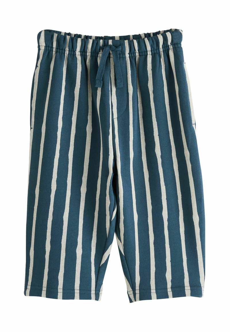 Kék és fehér csíkos rövidnadrág rugalmas derékkal és zsinórral. Két oldalzsebbel rendelkezik, és puha, texturált anyagból készült.