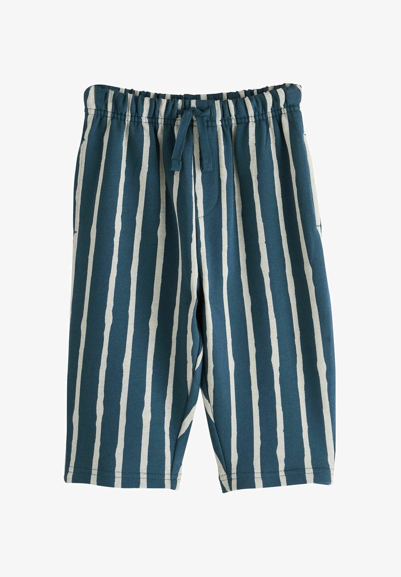 Modré a bílé pruhované šortky s elastickým pasem a šňůrkou. Mají dvě boční kapsy a měkkou, strukturovanou látku.